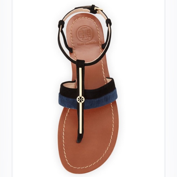 Tory Burch Bar Suede Logo Thong Sandal, Black - Picture 1 of 4